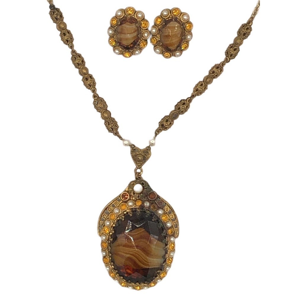 WEST GERMANY Blue Porphyry Slag Art Glass Enamel Filigree Necklace Earrings